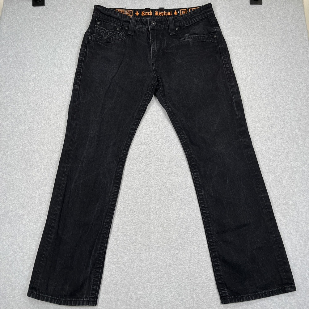 Rock Revival Jack Straight Leg Jeans Mens 36x33 Black Embroidered Metal Studs